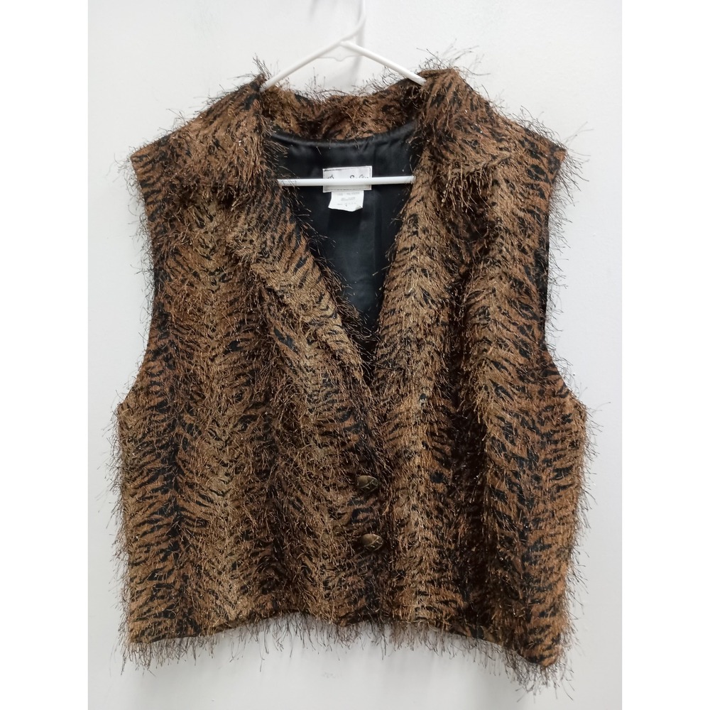 Vintage Paco Soler Vest Womens M/L Brown Animal Print Faux Fur Eyelash Knit - Picture 1 of 12